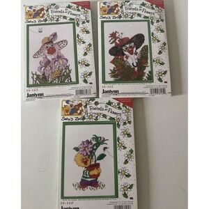 Lot 3  90's Janlynn Suzy's Zoo Friends & Flowers Cross Stitch Kit 5x7" w/ Frame